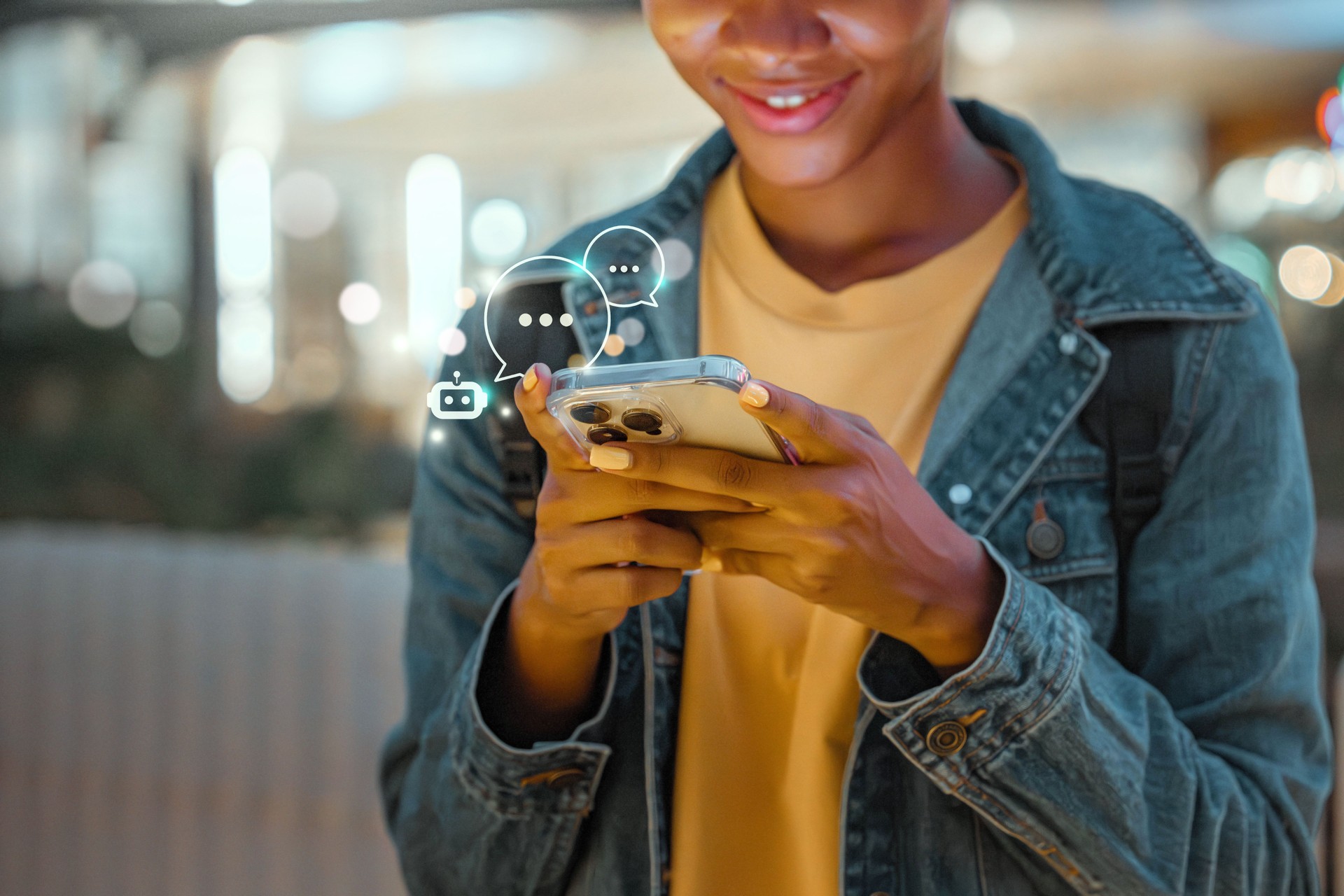 Chatbot de IA digital, joven afroamericana feliz que usa un teléfono inteligente móvil con chatbot de IA para obtener información en línea en la ciudad nocturna, asistente de conversación.